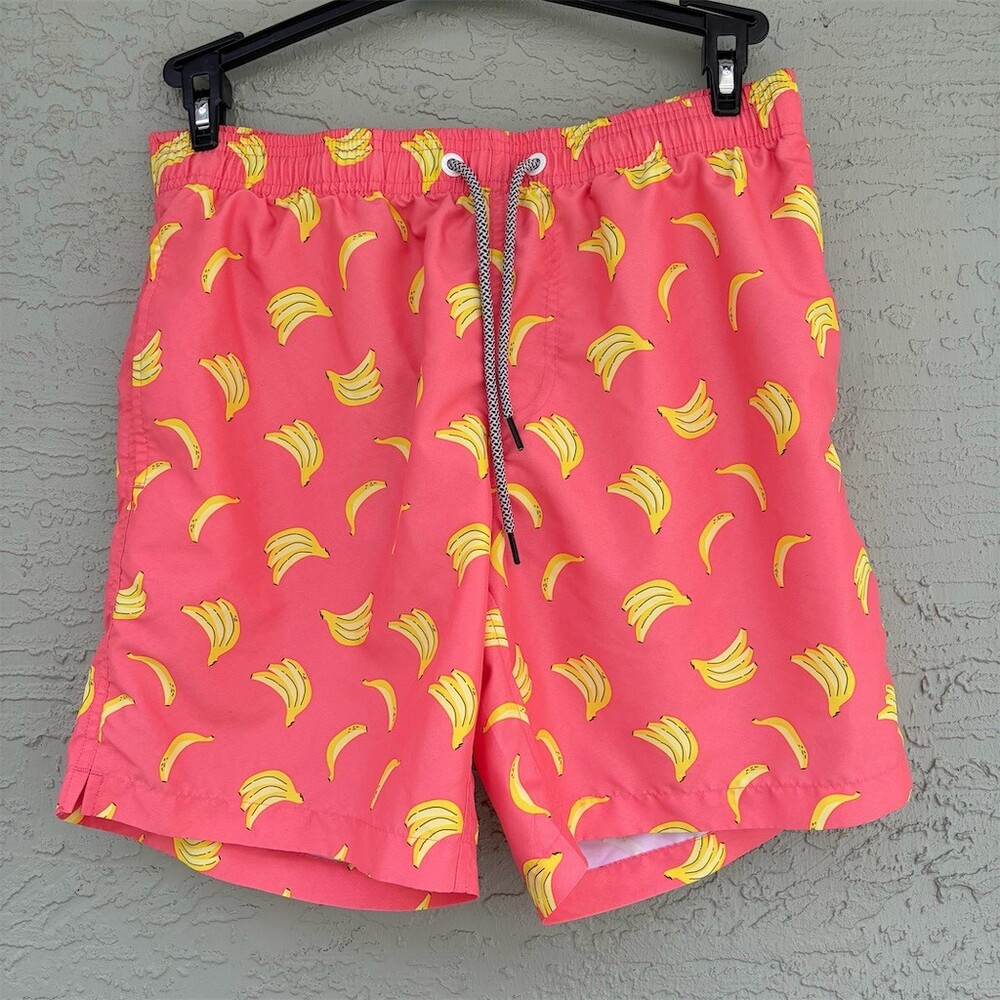 Maamgic Men's Swim Trunks Size M Pink Banana Print Drawstring Mesh Lined